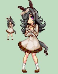  animal_ears black_hair blush brown_dress brown_footwear closed_mouth commentary_request dress female frilled_dress frills green_background hair_over_one_eye hands_up head_tilt horse_ears horse_girl horse_tail keykey117117 long_hair long_sleeves looking_at_viewer lowres own_hands_together pixel_art purple_eyes rice_shower_(umamusume) shoes simple_background socks solo standing tail umamusume white_socks zoom_layer 