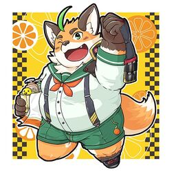  1:1 2022 anthro belly big_belly blush bottomwear canid canine clothing fox humanoid_hands iyo_(tamacolle) kemono male mammal mijinko one_eye_closed overweight overweight_male red_fox shirt shorts solo suspender tamacolle topwear towel true_fox wink 