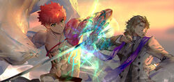  2boys brown_hair clenched_hand cross cross_necklace emiya_shirou energy fate/grand_order fate_(series) fighting_stance igote jewelry katana kotomine_kirei magic_circuit male_focus multiple_boys muscular muscular_male necklace orange_hair priest rasputin_(fate) red_hair senji_muramasa_(fate) single_sleeve sword topless_male weapon yoshimoto_(dear_life) 