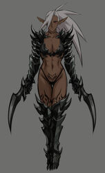  abs armor bikini bikini_armor breasts cleavage collarbone commentary_request dark-skinned_female dark_elf dark_skin drill_(emilio) ear_piercing elf female full_body gauntlets grey_background hair_over_one_eye high_heels highres holding holding_sword holding_weapon leg_armor leg_tattoo long_hair looking_at_viewer medium_breasts midriff navel neck_tattoo neytharone_(drill_(emilio)) original piercing pointy_ears ponytail pubic_tattoo red_eyes simple_background solo standing swimsuit sword tattoo weapon white_hair 