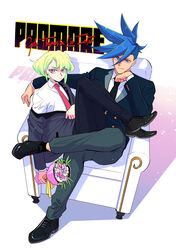  2boys asymmetrical_hair bae_(baebae) blue_eyes blue_hair bouquet character_name copyright_name flower formal full_body galo_thymos green_hair highres lio_fotia looking_at_viewer male_focus multiple_boys necktie promare purple_eyes shared_chair sidecut sitting spiked_hair suit undercut 