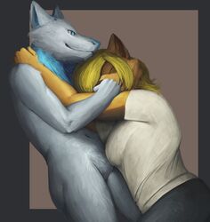  ambiguous_gender anthro blonde_hair blue_body blue_fur canid canine clothed clothing dar-kuu duo female fur grey_body grey_fur hair hi_res hug mammal orange_body orange_fur sergal shine_hethermocking simple_background smile 