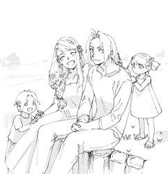  2boys 2girls :d ^_^ ahoge asta0531 blush bracelet braid braiding_hair breasts brother_and_sister cleavage closed_eyes collarbone commentary_request couple denim dot_nose dress edward_elric edward_elric&#039;s_daughter edward_elric&#039;s_son eyelashes family father_and_daughter father_and_son flower full_body fullmetal_alchemist greyscale hair_flower hair_ornament hairdressing hand_on_another&#039;s_knee hands_on_lap happy head_tilt highres jeans jewelry long_sleeves looking_afar looking_at_another looking_back medium_breasts monochrome mother_and_daughter mother_and_son multiple_boys multiple_girls open_mouth own_hands_together pants sandals shirt siblings side-by-side side_braid sitting smile standing straight swept_bangs twintails v-shaped_eyebrows winry_rockbell 