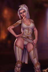  armor armored_boots ass_visible_through_thighs belt blurry blurry_background boots breasts cleavage clothing_aside commentary commission contrapposto depth_of_field dress english_commentary female greaves green_eyes halo hand_on_own_hip head_tilt highleg highleg_leotard highres large_breasts leotard lipstick long_hair looking_at_viewer makeup parted_lips pelvic_curtain pelvic_curtain_aside personal_ami ponytail red_lips signature solo standing valencia_whitmore warcraft white_dress white_hair white_leotard world_of_warcraft 