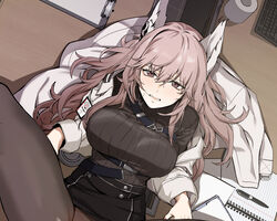  animal_ears banssee blush breasts cat_ears clenched_teeth commentary_request computer_keyboard desk female from_above furrowed_brow girls&#039;_frontline girls&#039;_frontline_neural_cloud hair_between_eyes high-waist_skirt highres implied_sex korean_commentary lab_coat large_breasts long_hair long_sleeves looking_at_viewer lying messy_hair on_back on_desk pantyhose paper pen persicaria_(neural_cloud) ribbed_sweater sidelocks skirt solo spread_legs sweat sweatdrop sweater teeth toilet_paper turtleneck turtleneck_sweater 