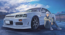  androgynous blue_eyes car highres looking_to_the_side momo_hiki motor_vehicle nissan nissan_skyline nissan_skyline_gt-r nissan_skyline_r34 original outdoors personification short_hair solo sports_car vehicle_and_personification vehicle_focus white_hair 