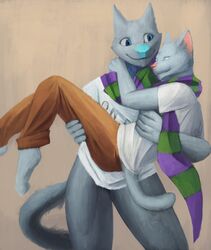  2020 3_eyes ambiguous_gender anthro aurutejmo barefoot blue_body blue_eyes carrying_another carrying_partner carrying_person clothed clothing dar-kuu duo feet grey_body hi_res hug hybrid multi_eye other_hethermocking partially_clothed scarf sergal shaded shine_hethermocking simple_background tail 