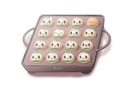  black_eyes closed_eyes cocoloco commentary_request no_humans open_mouth pokemon pokemon_(creature) rowlet simple_background takoyaki_pan tongue twitter_username white_background 