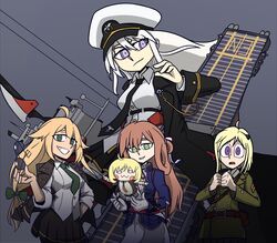  0w0 5girls ahoge american_flag american_flag_print aviator_sunglasses azur_lane black_coat black_necktie blonde_hair blush_stickers bow_(weapon) breasts brown_hair coat commentary country_connection cowboy_shot crossover english_commentary enterprise_(azur_lane) flag_print flight_deck girls&#039;_frontline gloves green_eyes green_necktie grey_hair hair_between_eyes haonfest hat helltaker highres holding holding_bow_(weapon) holding_removed_eyewear holding_weapon jacket korean_commentary large_breasts long_hair looking_at_viewer m1911_(girls&#039;_frontline) m1918_(girls&#039;_frontline) m3_(girls&#039;_frontline) m4_sopmod_ii_jr military military_uniform miniskirt multiple_girls necktie open_clothes open_jacket parody peaked_cap pleated_skirt print_necktie purple_eyes shirt sidelocks skirt smile springfield_(girls&#039;_frontline) style_parody sunglasses thighhighs uniform unworn_eyewear vanripper_(style) very_long_hair weapon white_shirt 