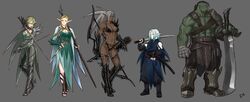  2boys 3girls absurdres arm_tattoo armor arrow_(projectile) bandaged_hand bandages belt belt_buckle blonde_hair blue_hair bow_(weapon) breasts bridal_gauntlets buckle celewen cleavage collarbone colored_skin commentary dagger dark-skinned_female dark_elf dark_skin dinelind_(drill_(emilio)) dress drill_(emilio) dual_wielding earrings elf eyes_visible_through_hair fingerless_gloves forehead_tattoo full_body gloves green_eyes green_hair green_skin grey_background grey_hair height_difference high_heels highres holding holding_bow_(weapon) holding_dagger holding_knife holding_staff holding_sword holding_weapon huge_weapon jewelry katana knife leg_tattoo long_hair long_pointy_ears looking_at_viewer medium_breasts multiple_boys multiple_girls muscular muscular_female muscular_male navel neytharone_(drill_(emilio)) orc original pointy_ears ponytail red_eyes sandals sheath sheathed short_hair simple_background spiked_armor staff standing sword tattoo tusks watermark weapon yellow_eyes 