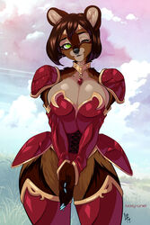  2021 anthro armor armwear bear big_breasts black_nose breast_squish breasts brown_body brown_fur brown_hair camille_martel cleavage clothed clothing digital_media_(artwork) elbow_gloves facial_piercing female fur gloves green_eyes hair handwear hi_res legwear luckypan mammal nose_piercing nose_ring piercing ring_piercing shaded solo squish thigh_highs unconvincing_armor 