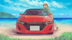  brown_eyes brown_hair car female highres honda honda_s660 leaning_forward momo_hiki motor_vehicle original outdoors personification short_hair vehicle_and_personification vehicle_focus 