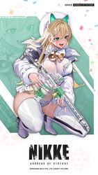  ar-15 assault_rifle bell blonde_hair boots breasts commentary_request copyright_name dore_(gilles_dore) earrings female fingernails full_body fur_trim goddess_of_victory:_nikke green_eyes gun hair_ornament high_heel_boots high_heels highres holding holding_weapon jacket jewelry large_breasts leotard logo long_hair long_sleeves nail_polish neck_bell official_alternate_costume official_art open_clothes open_jacket open_mouth ribbon rifle rupee_(nikke) rupee_(winter_shopper)_(nikke) second-party_source shiny_clothes shiny_skin smile solo squatting teeth thigh_boots trigger_discipline upper_teeth_only weapon zoom_layer 