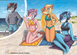  accessory alicia_(thea_sisters) anthro bath_towel beach bikini bikini_bottom bikini_top black_clothing black_topwear blonde_hair blue_body blue_bottomwear blue_clothing blue_eyes blue_fur blue_shorts blue_sky blush blush_lines bottomwear brown_hair clothing cloud collar connie_(thea_sisters) ear_piercing fan_character female fur geronimo_stilton_(series) green_eyes grey_body grey_fur group hair hair_accessory hairclip heart_hair_accessory hi_res leptitsuisse1912_(lepetithelvete) male male/female mammal mouse murid murine orange_body orange_clothing orange_fur outside piercing pink_body pink_eyes pink_fur pink_hair purple_bottomwear purple_clothing purple_hair purple_shorts rodent scape sea seaside shorts sky smile swimwear thea_sisters topwear towel turquoise_clothing water zoe_(thea_sisters) 