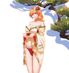  absurdres azur_lane bare_shoulders bikini bikini_bottom_only bikini_under_clothes breasts cleavage clothes_lift female h0shiidesu hair_between_eyes hair_ornament highres japanese_clothes kimono kimono_lift lifting_own_clothes official_alternate_costume orange_hair pointing pointing_at_self pointing_down purple_eyes red_bikini richelieu_(azur_lane) richelieu_(evergreen_prophecy)_(azur_lane) simple_background swimsuit thighs tree white_background 