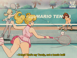  1990s_(style) 3girls ass blonde_hair bluethebone breasts brown_hair cleavage commentary crown english_commentary english_text hair_over_one_eye leaning_forward mario_(series) mario_tennis mario_tennis_aces mini_crown multiple_girls open_mouth panties panties_under_pantyhose pantyhose playing_sports ponytail princess_daisy princess_peach racket retro_artstyle rosalina shoes sneakers sportswear subtitled tank_top tennis tennis_court tennis_daisy tennis_peach tennis_racket tennis_rosalina tennis_uniform turnip turnip_(mario) underwear white_panties wind wind_lift 