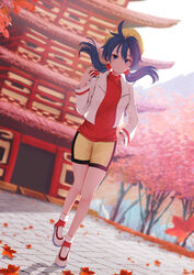  absurdres autumn_leaves bike_shorts blue_eyes blue_hair blurry blurry_background blush breasts cherry_blossoms closed_mouth commentary commission cropped_jacket crystal_(pokemon) day dutch_angle earrings ecruteak_city english_commentary female floating_hair full_body hair_between_eyes hand_on_hip hat highres holding holding_poke_ball jacket jewelry kirimatsu leaf light_smile looking_at_viewer outdoors pagoda poke_ball poke_ball_(basic) pokemon pokemon_special red_sweater shadow shoes shorts solo standing standing_on_one_leg star_(symbol) star_earrings sweater tree turtleneck turtleneck_sweater twintails white_footwear white_jacket yellow_headwear yellow_shorts 