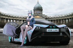  absurdres against_vehicle alternate_costume anchor_print animal_ear_headphones animal_ears arkhangelsk_(azur_lane) azur_lane backless_shirt bare_shoulders black_bow black_bowtie black_shorts blue_bow blue_bowtie blue_footwear blue_jacket bow bowtie breasts building car cat_ear_headphones cathedral character_name checkered_clothes checkered_legwear clothes_writing collarbone collared_shirt copyright_name country_connection crop_top day eyelashes eyeliner fake_animal_ears female fishnet_thighhighs fishnets full_body grey_shirt grey_sky hair_between_eyes halterneck hand_in_pocket hands_in_pockets headphones headset high_heels highres jacket jacket_partially_removed kazan_cathedral kcar66t knee_up large_breasts leaning_against_vehicle leg_up license_plate linea_alba long_hair looking_at_viewer makeup marussia marussia_b2 micro_shorts midriff motor_vehicle navel northern_parliament_(emblem) off_shoulder outdoors overcast overhead_line power_lines print_shirt product_placement race_queen railing real_world_location red_eyeliner road russia saint_petersburg shadow shirt short_shorts shorts sidelocks skin_tight skindentation sky sleeveless sleeveless_shirt solo sports_car strappy_heels striped_bow striped_bowtie striped_clothes taut_clothes taut_shirt text_print thighhighs unzipped vehicle_focus white_hair yellow_eyes 