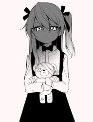  bandages boko_(girls_und_panzer) bow bowtie casual closed_mouth collared_shirt disgust female frown girls_und_panzer glaring greyscale hair_ribbon halftone high-waist_skirt highres holding holding_stuffed_toy long_hair long_sleeves looking_at_viewer monochrome one_side_up ribbon ruruepa shimada_arisu shirt skirt solo standing stuffed_animal stuffed_toy suspender_skirt suspenders teddy_bear 