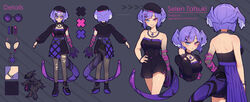  absurdres alternate_costume asymmetrical_arms asymmetrical_skirt asymmetrical_sleeves back bandaged_arm bandages bare_shoulders belt beret black_belt black_footwear black_headwear black_jacket black_shirt black_shorts blue_eyes boots breasts cropped_jacket dragon_girl dragon_tail earrings ember_(selen_tatsuki) female full_body glasses gwo-kah hair_ornament hairclip hand_on_own_hip hat head_wings heterochromia highres jacket jewelry large_breasts looking_at_viewer miniskirt multiple_views necklace nijisanji nijisanji_en pantyhose pleated_skirt purple_eyes purple_hair purple_skirt purple_wings reference_sheet round_eyewear safety_pin selen_tatsuki shirt short_hair short_shorts shorts skirt smile standing strapless strapless_shirt stud_earrings tail torn_clothes torn_pantyhose virtual_youtuber wings x_hair_ornament 