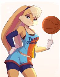  2021 anthro ball basketball_(ball) basketball_uniform blonde_hair bottomwear buckteeth clothed clothing cotton_tail english_text evomanaphy female hair hi_res lagomorph leporid lidded_eyes lola_bunny looking_at_viewer looney_tunes mammal rabbit shirt shorts simple_background solo space_jam space_jam:_a_new_legacy sport sportswear tank_top teeth text text_on_clothing text_on_shirt text_on_tank_top text_on_topwear topwear tune_squad_outfit tune_squad_outfit_(2021) uniform warner_brothers white_background 