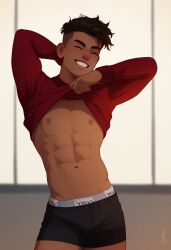  1boy 2024 abs ai_generated avaru black_hair boxers briefs closed_eyes human human_only lifting_shirt male male_focus male_only nipples simple_background smile smiling tagme 