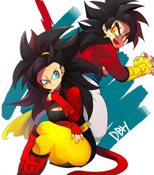  1boy beat_(dragon_ball) black_hair blue_eyes body_fur crossed_legs dragon_ball dragon_ball_heroes female fur long_hair monkey_boy monkey_girl monkey_tail note_(dragon_ball) ommmyoh red_fur saiyan sitting super_saiyan super_saiyan_4 sweatdrop tail time_patrol_(dragon_ball) 