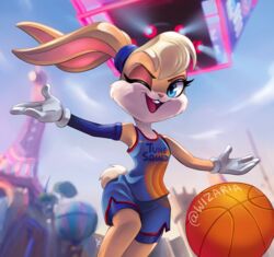  2021 absurd_res anthro ball basketball_(ball) basketball_uniform blonde_hair blue_eyes clothed clothing english_text eyelashes female gloves hair handwear hi_res lagomorph leporid lola_bunny long_ears looking_at_viewer looney_tunes mammal one_eye_closed open_mouth open_smile rabbit smile solo space_jam space_jam:_a_new_legacy sportswear text text_on_clothing uniform warner_brothers wink wizaria 