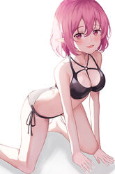  absurdres all_fours bare_arms bare_shoulders bikini black_bikini breasts cleavage female highres korean_commentary looking_at_viewer lucid_(maplestory) maplestory medium_breasts muyang open_mouth pink_hair pointy_ears red_eyes shadow short_hair side-tie_bikini_bottom simple_background smile solo swimsuit thighs white_background 