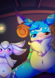  4_ears absurd_res anthro bedroom blue_eyes chest_tuft duo female heart_symbol hi_res humanoid hybrid inner_ear_fluff laila_zephyrine looking_at_viewer male multi_ear navel orange_eyes plushcrochet purple_eyes seraphie sirocco_zephyrine slightly_chubby slim tuft 