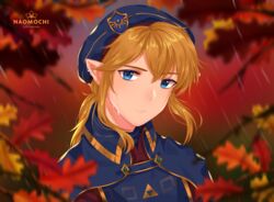  1boy artist_name beret blonde_hair blue_eyes blue_hat blue_jacket commentary english_commentary hair_between_eyes hat highres jacket leaf link long_hair looking_at_viewer male_focus military military_uniform naomochii outdoors rain royal_guard_set_(zelda) solo the_legend_of_zelda the_legend_of_zelda:_breath_of_the_wild triforce uniform upper_body 