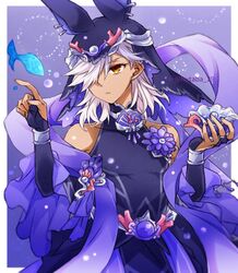  1boy alternate_costume animal_ears animal_hat arabian_clothes artifact_(genshin_impact) bad_id bad_twitter_id belt bishounen bracelet bridal_gauntlets cyno_(genshin_impact) dark-skinned_male dark_skin feathers flower gem genshin_impact hagoromo hair_over_one_eye hat hutaba_29 jackal_ears jewelry long_hair looking_to_the_side male_focus orange_eyes pearl_(gemstone) purple_flower seashell shawl shell sleeveless sleeveless_turtleneck solo turtleneck veil white_hair wide_sleeves 