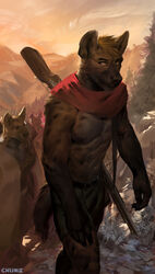  2021 abs adobe_photoshop_(artwork) anthro arquebus athletic black_body black_fur brown_body brown_fur chunie clothed clothing detailed_background digital_media_(artwork) digital_painting_(artwork) forest fur group gun hi_res hyena male mammal mountain musket nipples outside plant ranged_weapon rifle solo_focus spotted_hyena tan_body tan_fur topless tree weapon 