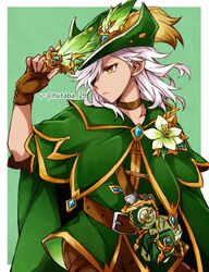  1boy alternate_costume artifact_(genshin_impact) bad_id bad_twitter_id belt bishounen brown_choker brown_gloves capelet choker cyno_(genshin_impact) dark-skinned_male dark_skin fingerless_gloves flower genshin_impact gloves green_capelet green_hat hair_over_one_eye hat hat_feather holding holding_quill hutaba_29 long_hair looking_to_the_side male_focus orange_eyes quill solo tricorne white_flower white_hair 