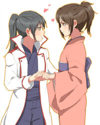  2girls azuma_yukihiko black_hair blush brown_eyes brown_hair commentary_request eyepatch gintama heart high_ponytail holding_hands japanese_clothes kimono long_hair long_sleeves looking_at_another multiple_girls ponytail shimura_tae simple_background smile white_background yagyuu_kyuubei yuri 