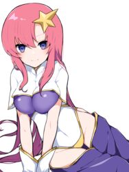  breasts female gundam gundam_seed gundam_seed_destiny hair_ornament highleg highleg_leotard highres impossible_clothes impossible_leotard large_breasts leotard looking_at_viewer meer_campbell pink_hair purple_leotard smile solo star_(symbol) star_hair_ornament takae_(poupee_en_biscuit) white_leotard 