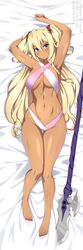  armpits arms_up barefoot bikini blonde_hair blue_eyes blush braid breasts closed_mouth commentary commission dakimakura_(medium) dark-skinned_female dark_skin edelgard_(isekai_maou) english_commentary female full_body glaive_(polearm) hair_ornament hair_scrunchie highres isekai_maou_to_shoukan_shoujo_no_dorei_majutsu knees_together_feet_apart lindaroze long_hair looking_at_viewer lying medium_breasts navel on_back pink_bikini pointy_ears polearm red_scrunchie scrunchie single_braid solo stomach swimsuit thigh_gap thighs twitter_username two-tone_bikini two_side_up watermark weapon web_address white_bikini 