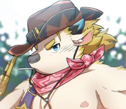  1boy animal_nose babe_bunyan_(housamo) black_horns blonde_hair blue_eyes blue_horns blurry blurry_background commentary cowboy_hat furry furry_male gun hat highres horns male_focus multicolored_horns nipples ponzu_tas red_scarf scarf sheriff_badge short_hair snout solo thick_eyebrows tokyo_afterschool_summoners two-tone_horns upper_body weapon yellow_fur 