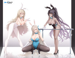  3girls absurdres akane_(blue_archive) akane_(bunny)_(blue_archive) animal_ears asuna_(blue_archive) asuna_(bunny)_(blue_archive) asymmetrical_bangs black_footwear black_hair black_leotard black_pantyhose blonde_hair blue_archive blue_bow blue_bowtie blue_leotard blue_ribbon blush bow bowtie breasts chinese_commentary cleavage collarbone commentary_request copyright_name dark-skinned_female dark_skin detached_collar fake_animal_ears fishnet_pantyhose fishnets forehead full_body glasses gloves grin hair_between_eyes hair_over_one_eye hair_ribbon hair_spread_out hands_up high_heels high_ponytail highleg highleg_leotard highres huge_breasts kanon_(sinto) karin_(blue_archive) karin_(bunny)_(blue_archive) leaning_forward legs_apart legs_together leotard long_bangs long_hair looking_at_viewer m_legs multicolored_hair multiple_girls number_tattoo official_alternate_costume one_eye_covered pantyhose parted_bangs playboy_bunny purple_hair reflective_floor ribbon sagging_breasts shadow side-tie_leotard sideboob simple_background slit_pupils smile squatting standing strapless strapless_leotard streaked_hair tattoo thighband_pantyhose thighs very_long_hair white_background white_footwear white_gloves white_leotard white_pantyhose wrist_cuffs yellow_eyes 