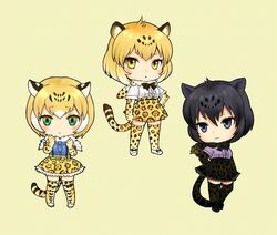  3girls :o animal_ears animal_print arizonan_jaguar_(kemono_friends) arm_at_side black_eyes black_hair black_jaguar_(kemono_friends) black_thighhighs bow bowtie brown_hair chibi closed_mouth commentary_request elbow_gloves empty_eyes full_moon fur_scarf furrowed_brow gloves green_eyes hand_on_own_hip hands_up jaguar_(kemono_friends) jaguar_ears jaguar_print jaguar_tail jyan_borii kemono_friends looking_at_viewer looking_to_the_side medium_hair moon multicolored_eyes multicolored_hair multiple_girls orange_eyes orange_hair parted_lips print_skirt print_thighhighs scarf shirt short_sleeves simple_background skirt smile standing suspender_skirt suspenders tail thighhighs two-tone_hair yellow_background yellow_eyes zettai_ryouiki 