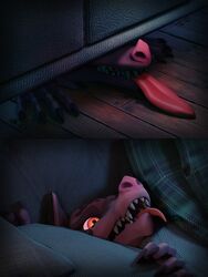  3d_(artwork) absurd_res anthro digital_media_(artwork) furniture hi_res hiding kobold leg_(yipkin) male open_mouth pink_body sofa solo stuck tongue tongue_out yipkin 