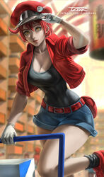  ae-3803 belt blue_shorts blurry blurry_background breasts cabbie_hat cleavage female foot_out_of_frame gloves hand_up hat hataraku_saibou izhardraws jacket orange_eyes parted_lips red_belt red_hair red_hat red_jacket shadow shirt_tucked_in short_hair shorts smile solo white_gloves 