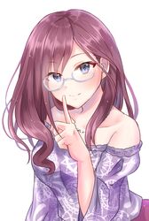  bare_shoulders blue_eyes blush brown_hair chii_(sbshop) collarbone female finger_to_mouth glasses highres idolmaster idolmaster_cinderella_girls jewelry long_hair necklace off-shoulder_shirt off_shoulder purple_shirt semi-rimless_eyewear shirt simple_background smile solo under-rim_eyewear white_background yagami_makino 