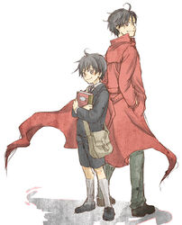  2boys aged_up back-to-back black_hair book coat commentary_request darren_shan formal kobutya4696 multiple_boys necktie red_coat short_hair shorts smile suit the_saga_of_darren_shan time_paradox 