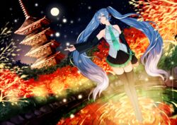  autumn bad_id bad_pixiv_id blue_eyes blue_hair boots commentary detached_sleeves dutch_angle female forest full_moon hatsune_miku headphones headset highres juu_satoshi kyoto long_hair moon nature necktie outstretched_arm pagoda ripples solo standing standing_on_liquid thigh_boots thighhighs twintails very_long_hair vocaloid yasaka_pagoda zettai_ryouiki 