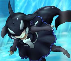  adansosutega black_hair blowhole blush cetacean_tail closed_mouth commentary covered_eyes dorsal_fin dress female fins fish_tail freediving frilled_dress frills hair_over_eyes head_fins highres kemono_friends long_sleeves medium_dress medium_hair multicolored_hair orca_(kemono_friends) outstretched_arms outstretched_hand pantyhose purple_hair shoes smile solo submerged tail underwater water white_hair 