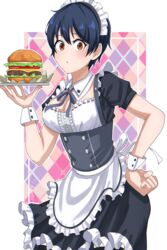  absurdres alternate_costume apron argyle_background artist_name black_dress black_hair breasts brown_eyes burger cleavage dress enmaided female food frilled_dress frills hand_on_own_hip highres holding holding_tray izumo_fuuko large_breasts maid maid_apron maid_headdress medium_breasts shishiruto short_hair short_sleeves solo standing tray undead_unluck waitress wrist_cuffs 