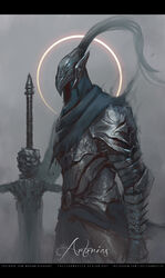  1boy armor artorias_the_abysswalker breastplate character_name cowboy_shot dark_souls_(series) dark_souls_i eclipse faceless fog from_side gauntlets greatsword helmet highres holding holding_weapon hood knight letterboxed male_focus moon pauldrons photoshop_(medium) planted planted_sword plume shoulder_armor solar_eclipse solo sun sword thefearmaster watermark weapon web_address 