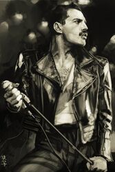  1boy chest_hair collarbone cropped_jacket denim facial_hair freddie_mercury greyscale holding holding_microphone holding_microphone_stand hungry_clicker jacket jeans long_sleeves male_focus manly microphone microphone_stand monochrome moustache muscular muscular_male music open_clothes open_jacket open_mouth pants pose queen_(band) real_life realistic shirt singing solo standing 