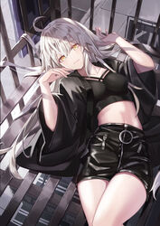  ahoge black_robe black_skirt breasts closed_mouth commentary cowboy_shot fate/grand_order fate_(series) female fire_escape highres jeanne_d&#039;arc_alter_(avenger)_(fate) jeanne_d&#039;arc_alter_(fate) large_breasts leather_skirt lying navel on_back pencil_skirt robe sidewalk sign skirt solo symbol-only_commentary tsurime urban white_hair whitecrow4444 wide_sleeves yellow_eyes 